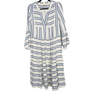 Faherty Small Cream Blue Striped Dream Cotton Gauze Vidi Midi Dress Long Sleeve